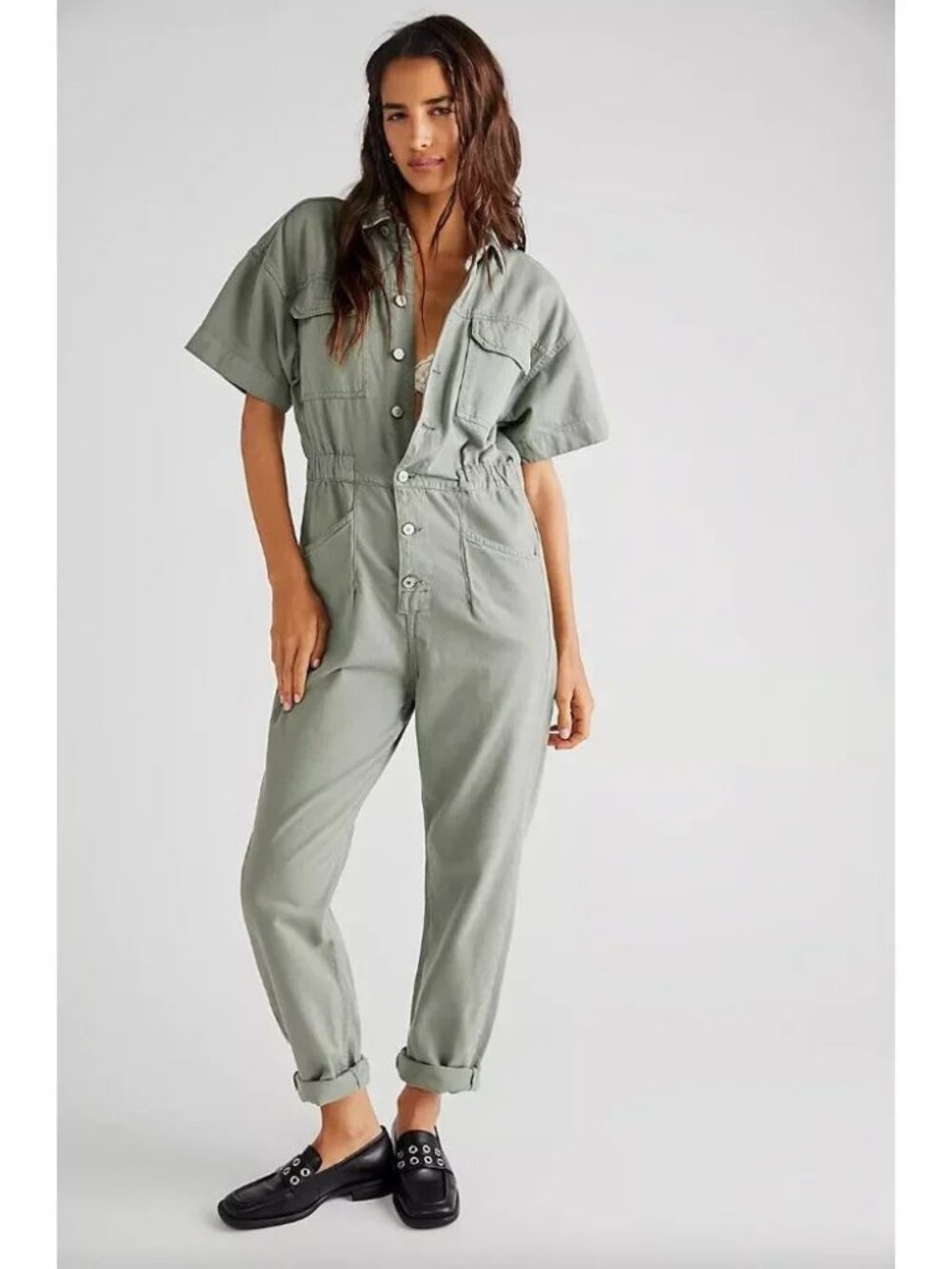 Free People Marci Coverall Jumpsuit Washed Army Green NWT Size XS Utility Denim